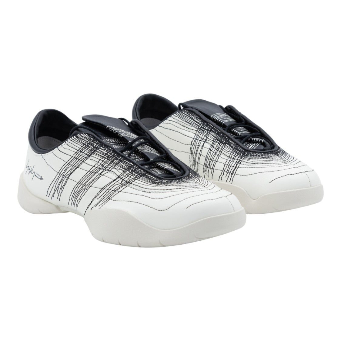 Y-3 Minimalist White Sneakers With Intricate Black Patterns