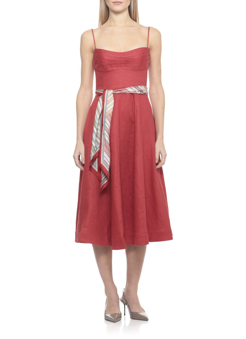 Zimmermann Fitted Midi Linen Dress With Striped Foulard Belt