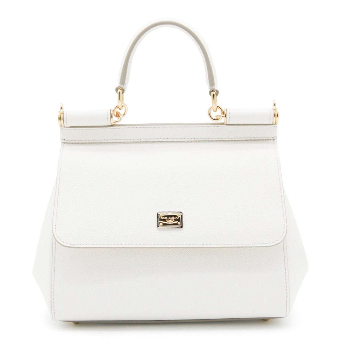 Dolce & Gabbana White Pebbled Leather Sicily Small Bag With Gold-Tone Accents