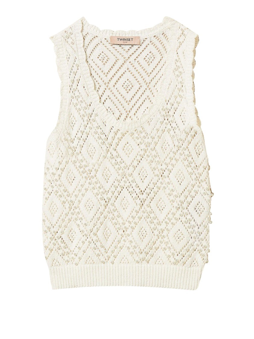 Twin-Set Openwork Knit Top With Pearl Embellishments