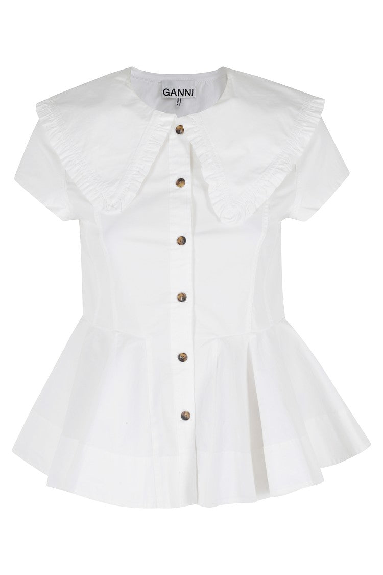 Ganni White Stretch Cotton Peter Pan Collar Flared Cotton Shirt
