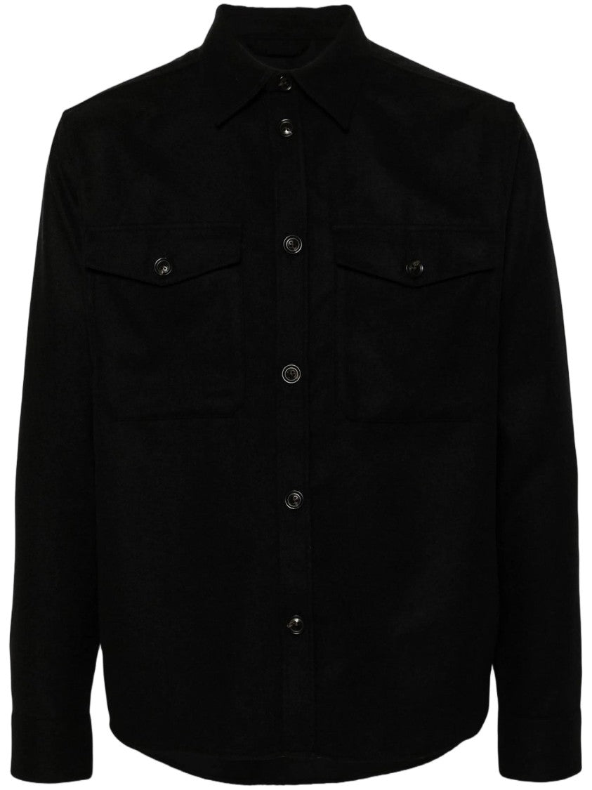 J Lindeberg Long-Sleeve Black Shirt With Classic Collar And Chest Pockets
