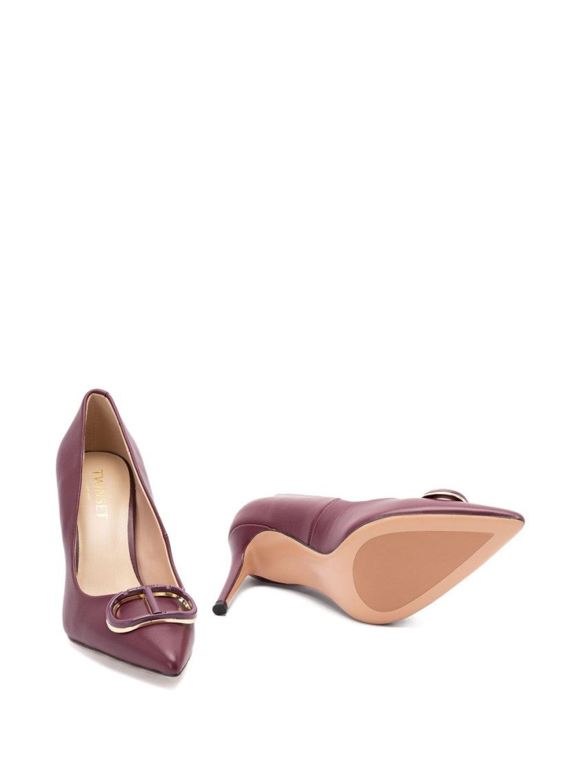 Twin-Set Bordeaux Leather Pumps With Decorative Buckle Detail