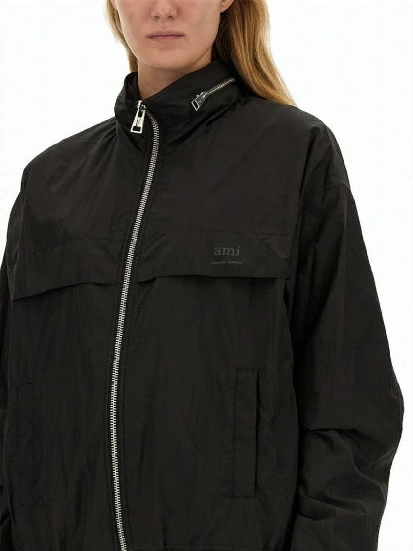 Ami High-Collar Polyamide Jacket With Elastic Hem And Cropped Fit