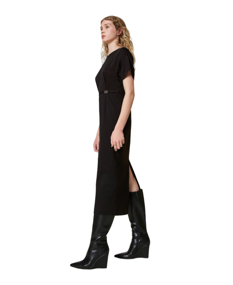 Twin-Set Black Crêpe De Chine Punto Milano Trompe L'oeil Midi Dress