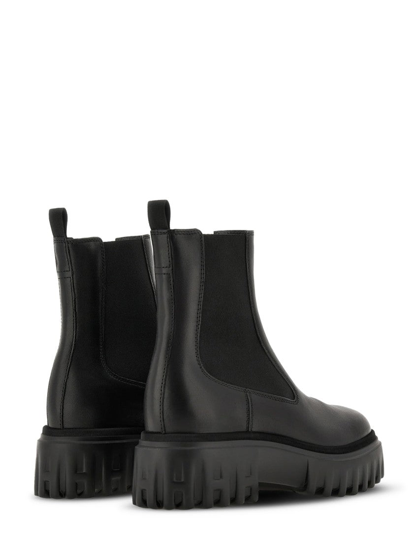 Hogan Black Leather Boots With Elastic Side Panels