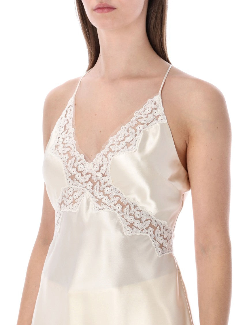 Alberta Ferretti Satin Lace Inserts V Neck