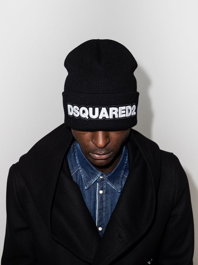 Dsquared2 Ribbed Knit Wool Folded Logo Hat