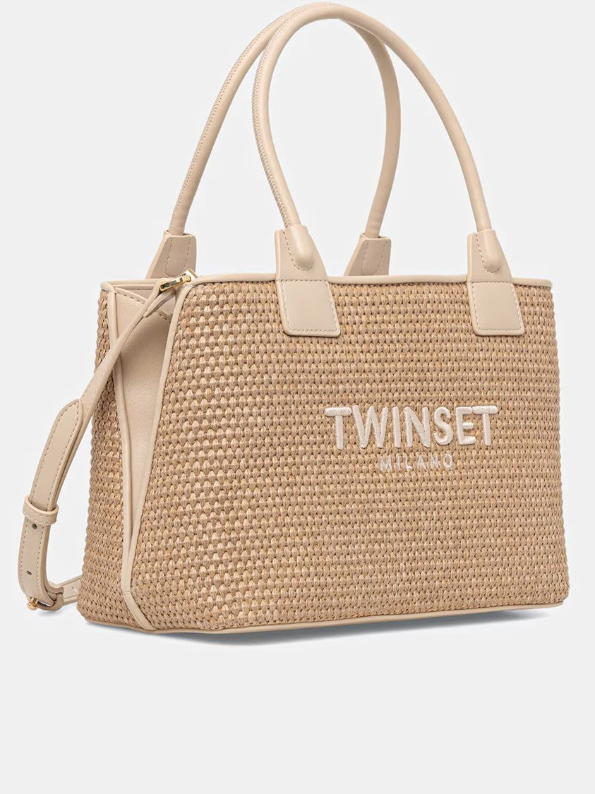Twin-Set Parchment Rectangular Woven Handbag