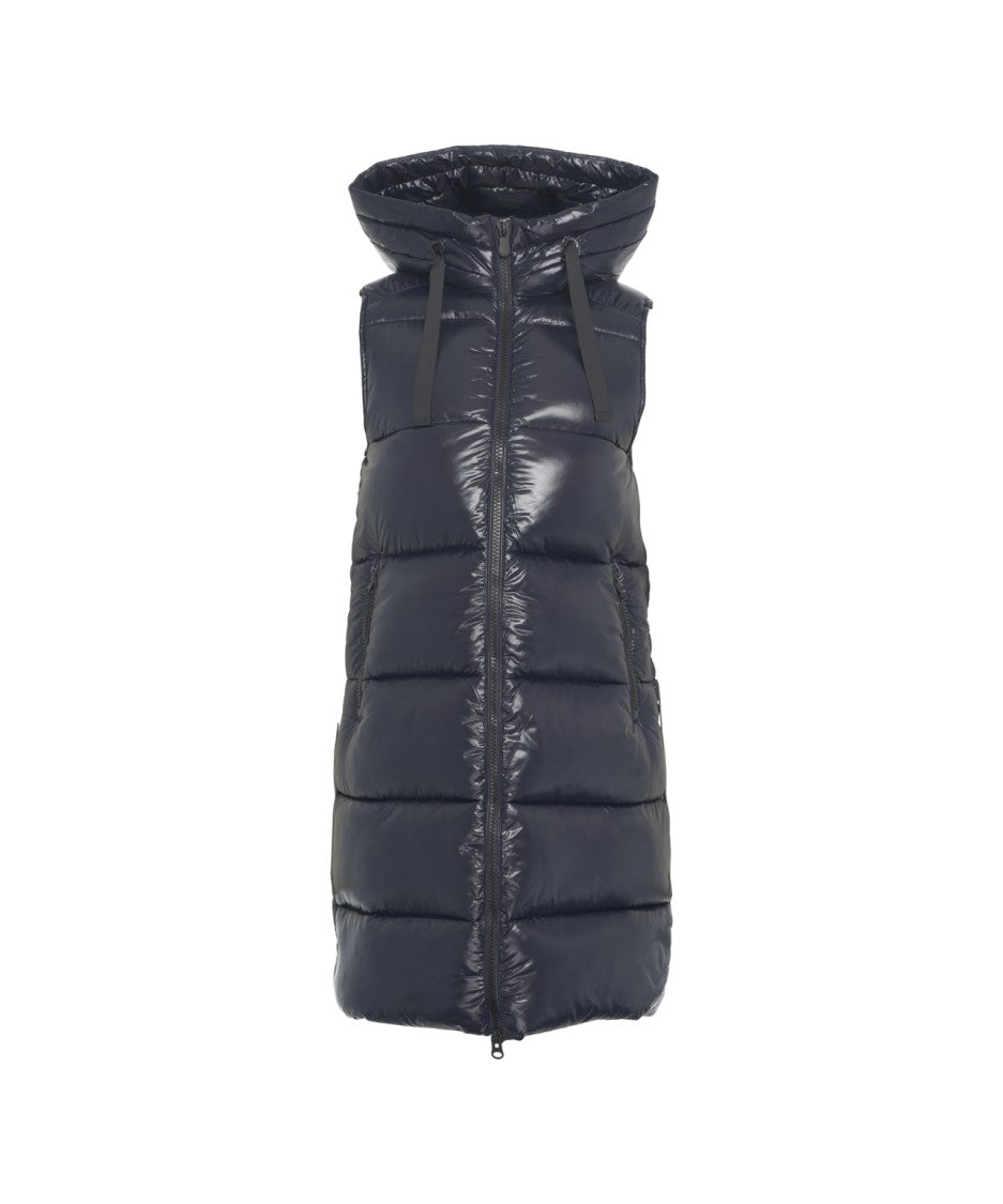 Save The Duck Longline Quilted Gilet With Protective Hood And Dual Zipper
