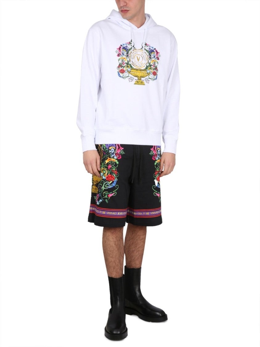Versace Jeans Couture Drawstring Hooded Sweatshirt With Floral Logo Print
