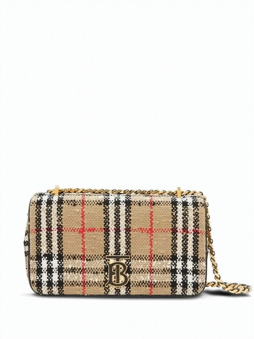 Burberry Small Rectangular Check Pattern Shoulder Bag With Gold-Tone Monogram