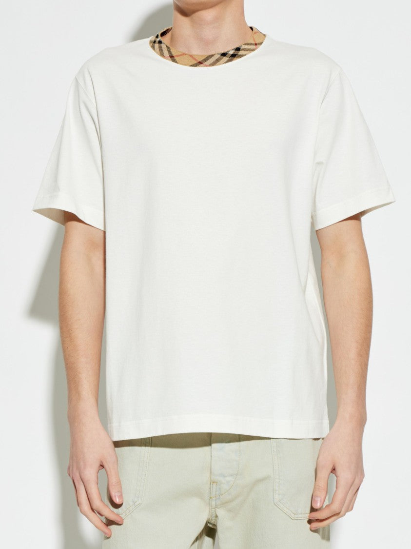 Burberry White Cotton Check Collar T-Shirt