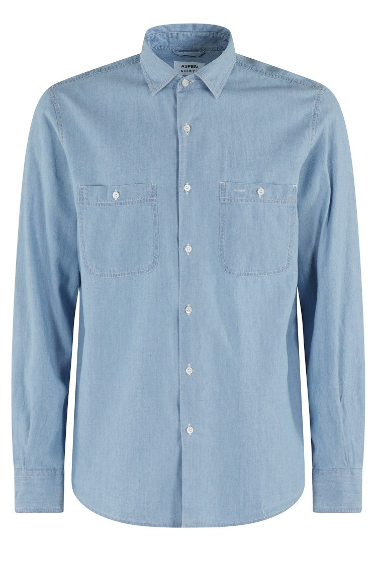 Aspesi Slim-Fit Light Blue Chambray Shirt With Classic Collar