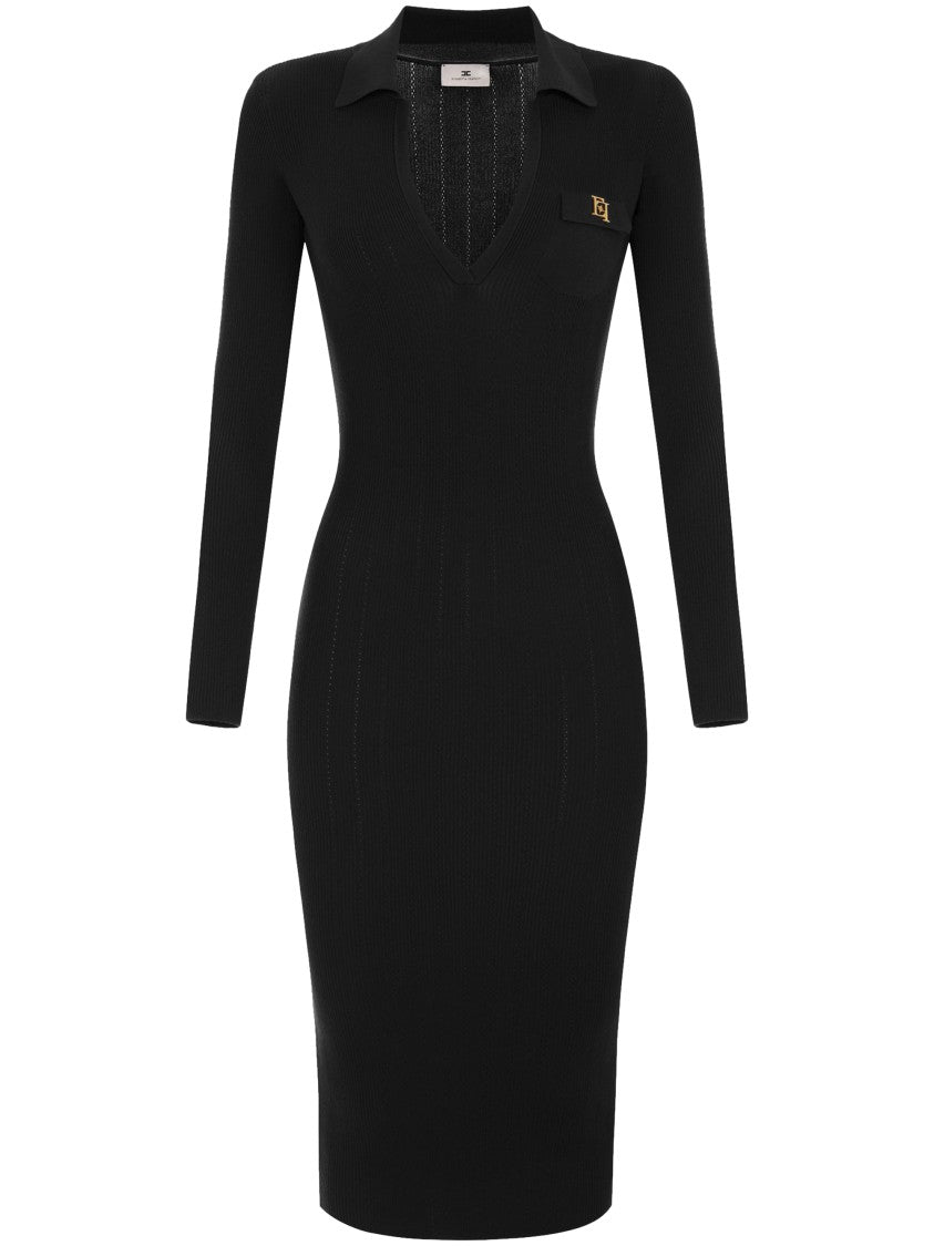 Elisabetta Franchi Fitted Midi Dress With Long Sleeves And Deep V-Neckline