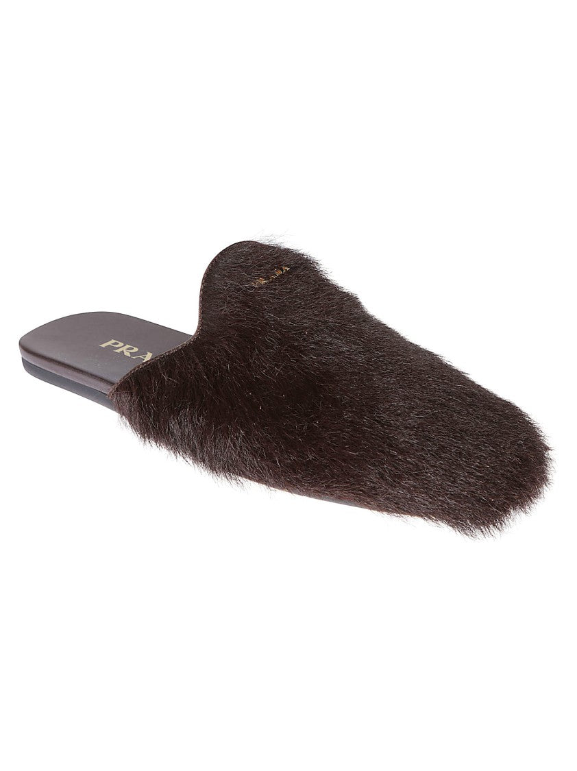 Prada Textured Dark Fur Slip-On Flats With Pointed Toe