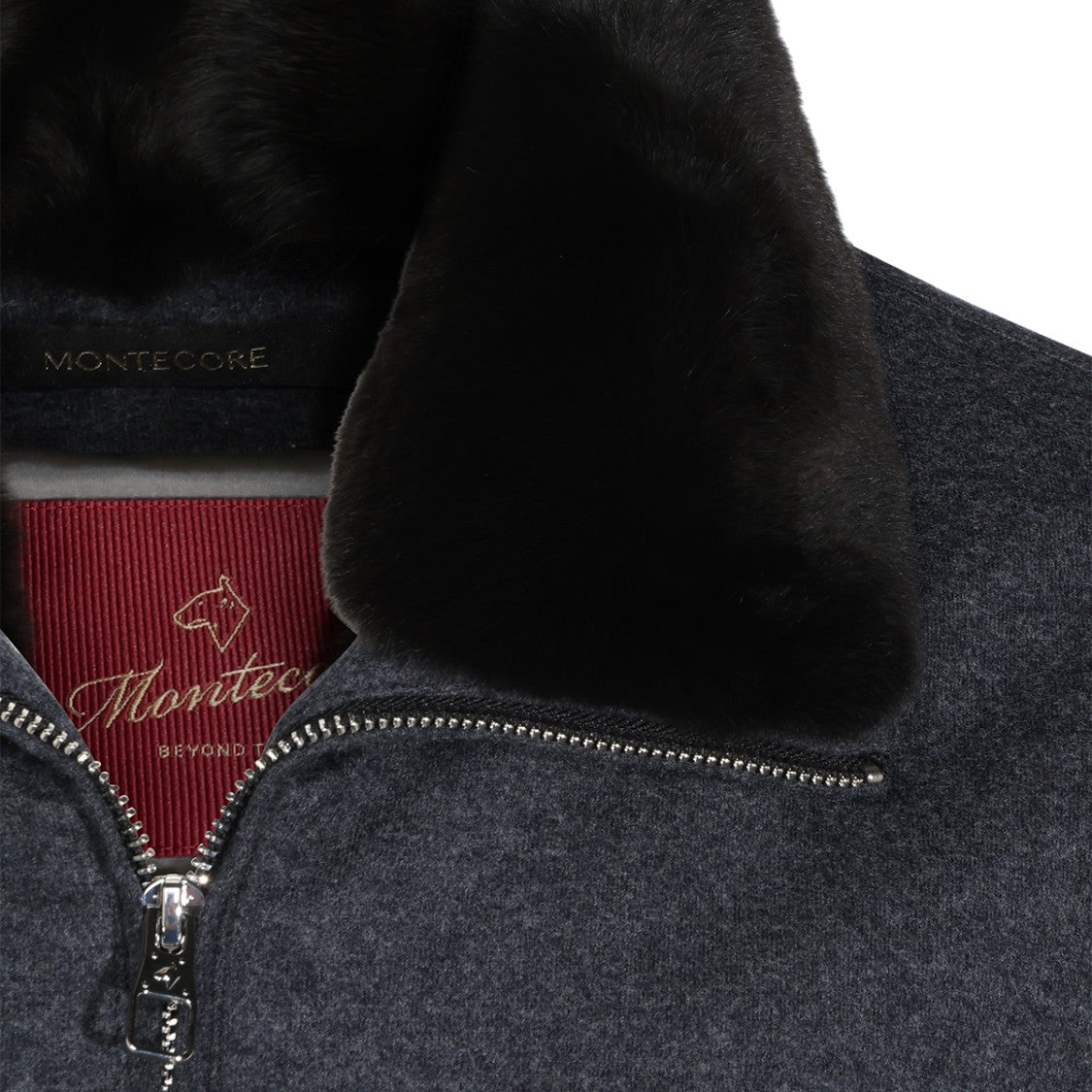 Montecore Dark Grey Jacket With Plush Black Fur Collar And Minimalistic Design