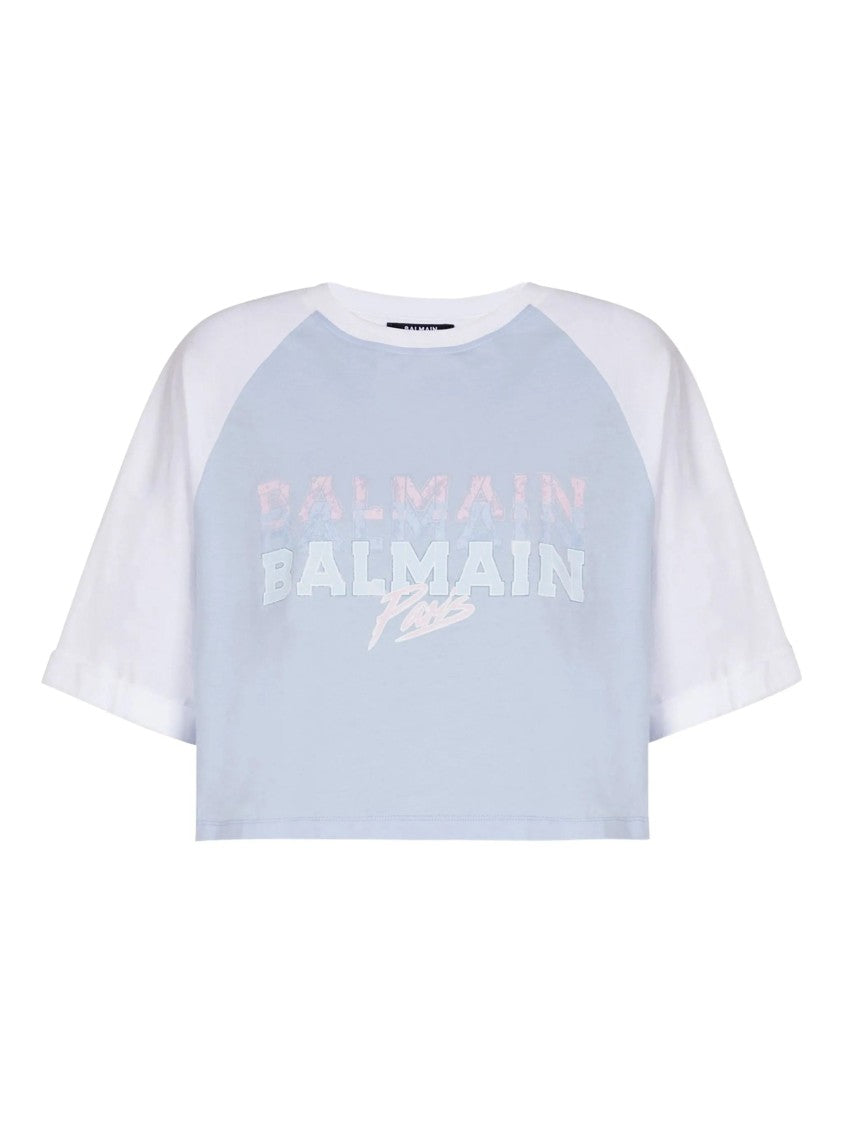 Balmain Light Blue Cropped Organic Cotton T-Shirt