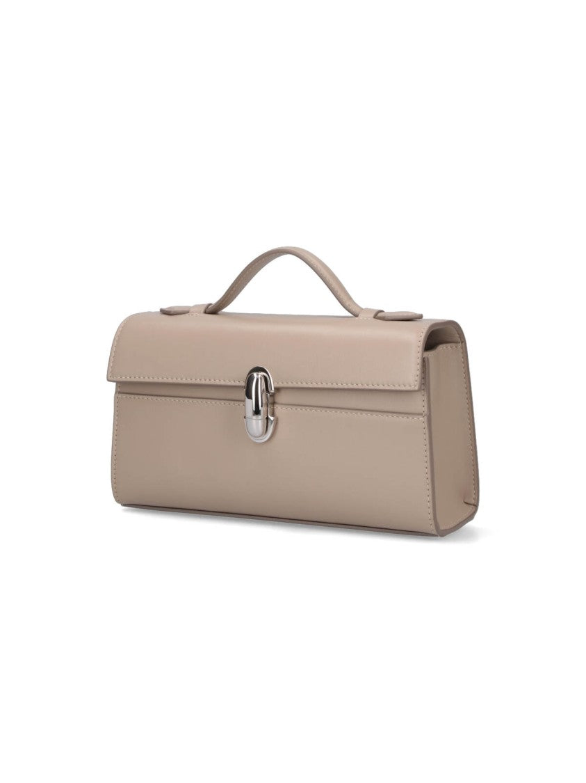 Savette Rectangular Beige Handbag With Silver Clasp Closure