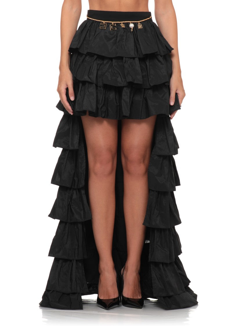 Elisabetta Franchi Long Black Ruffle Skirt With Removable Gold Detailing