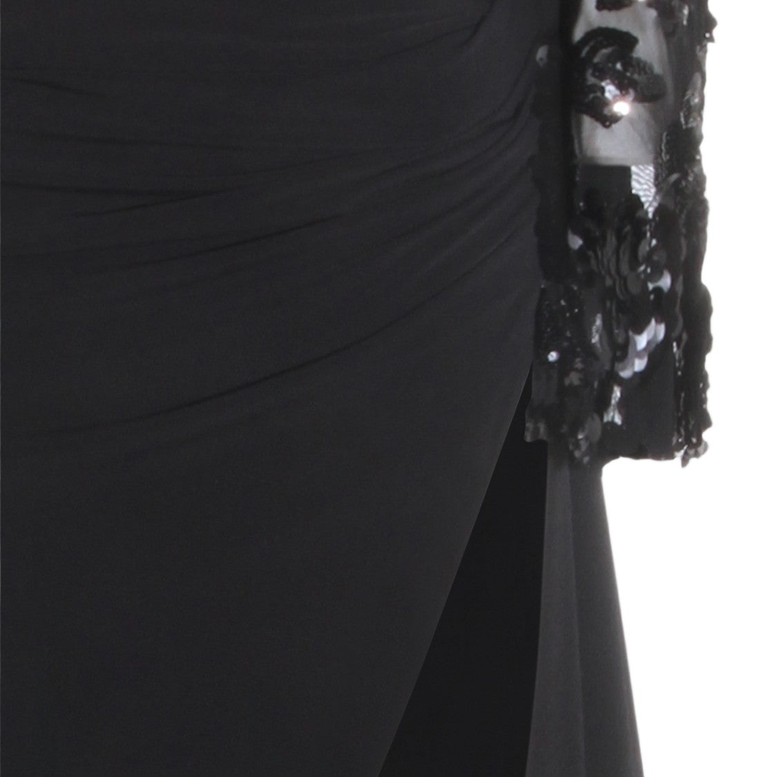 Nissa Asymmetrical Black Sequined Floral Appliqué Dress