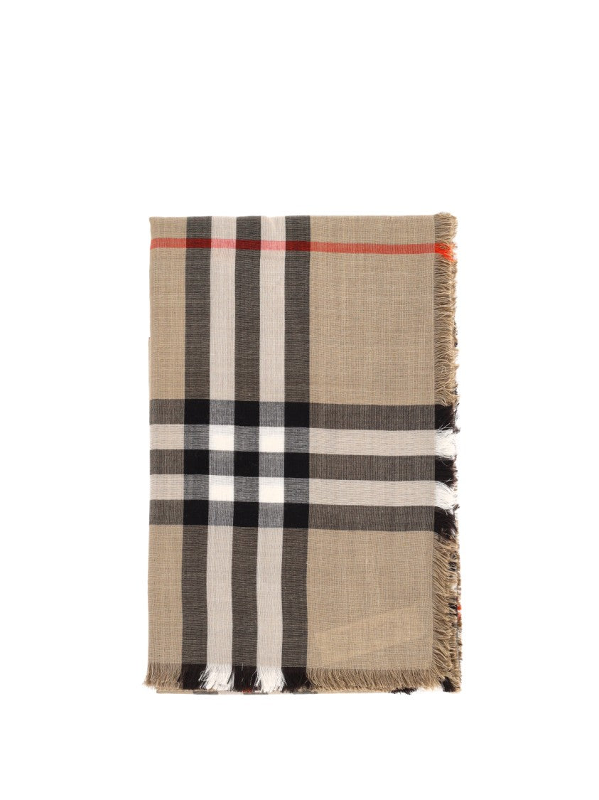 Burberry Beige Wool-Silk Check Scarf With Fringed Edges