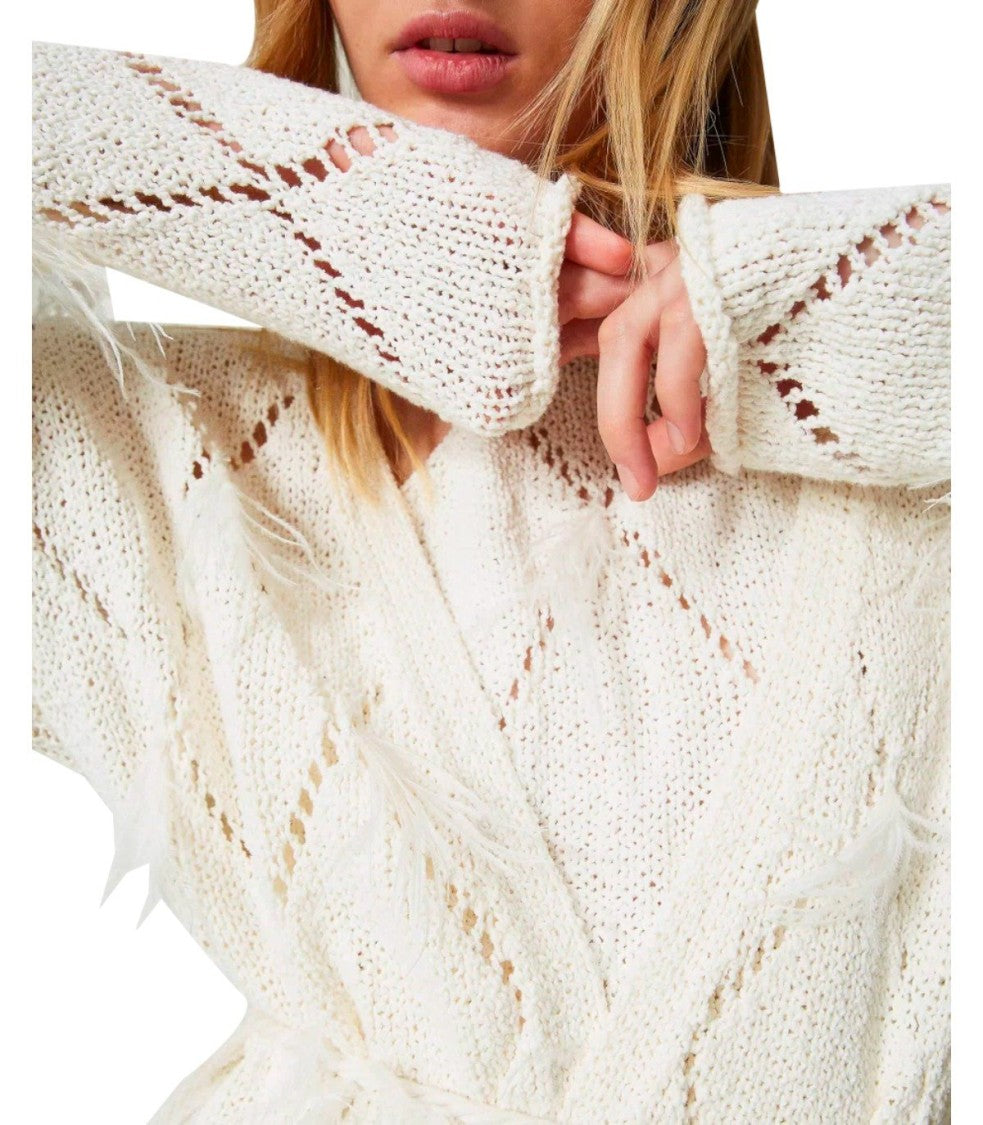 Twin-Set Off-White Cardigan With Feathers