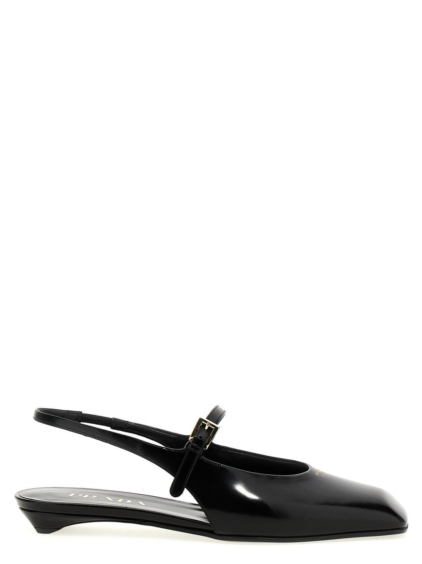 Prada Pointed Toe Leather Slingback With Embossed Logo
