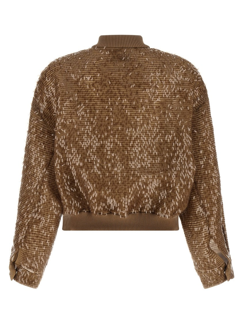 Brunello Cucinelli Sequin Embroidered Silk Bomber Cardigan