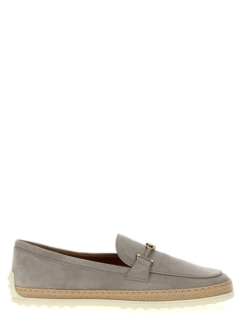 Tod's Grey Suede Loafers With Raffia Band