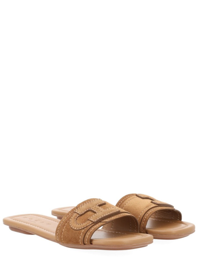 Hogan Flat Calf Leather Stitched Logo Sandals