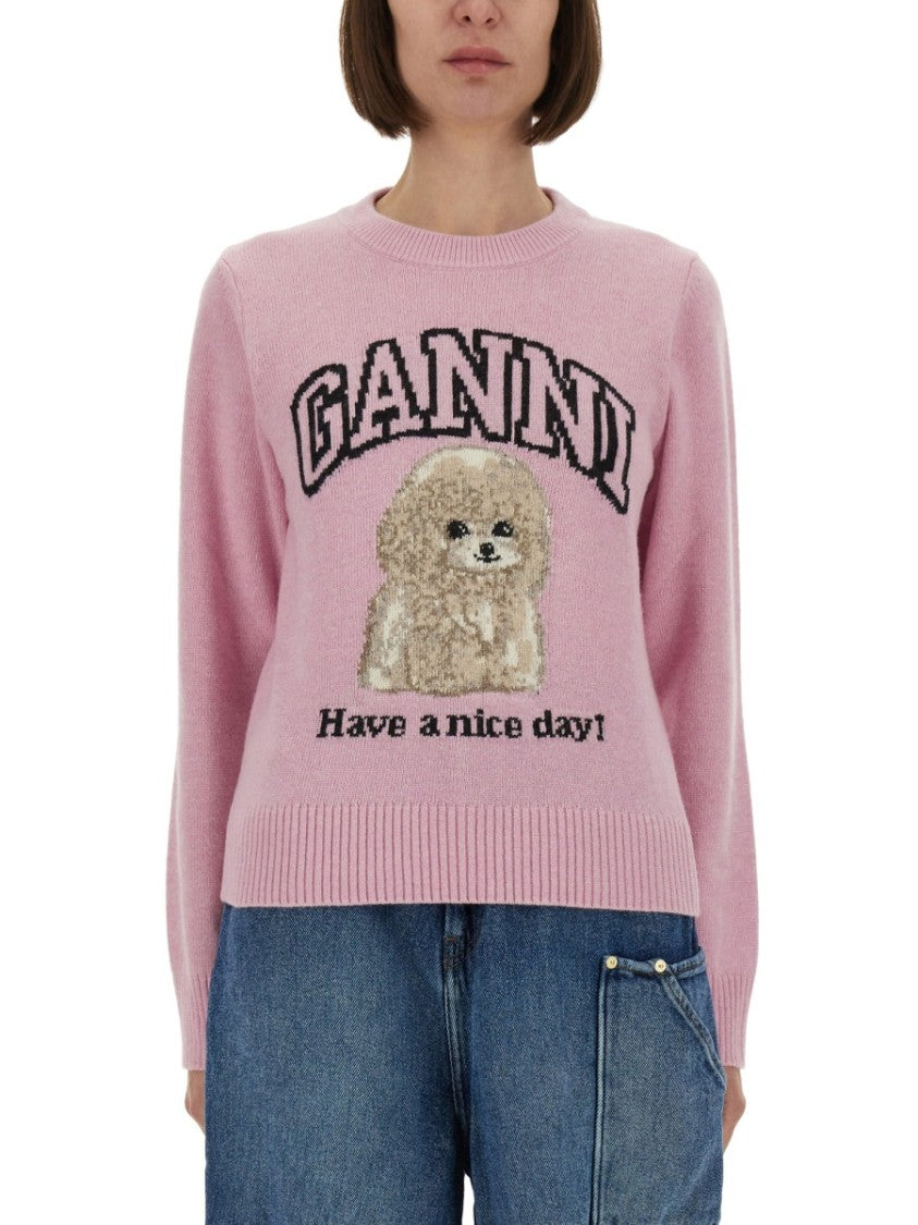 Ganni Playful Graphic Knit Sweater With Dog Design