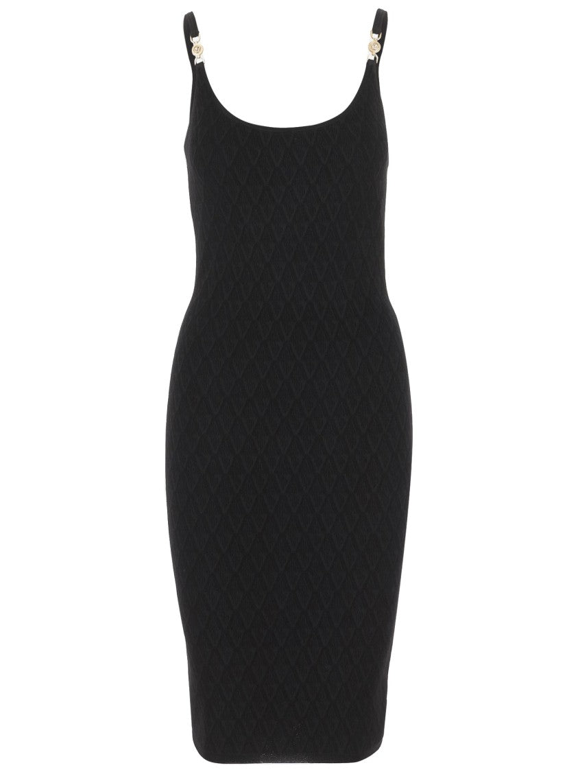 Versace Stretch V-Textured Knit Dress With Medusa Brooch Detail