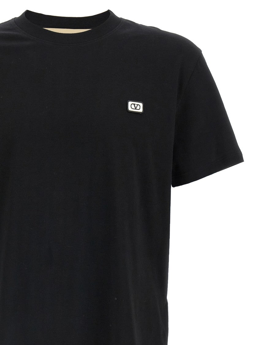 Valentino Garavani Black Cotton T-Shirt With Front Vlogo Patch