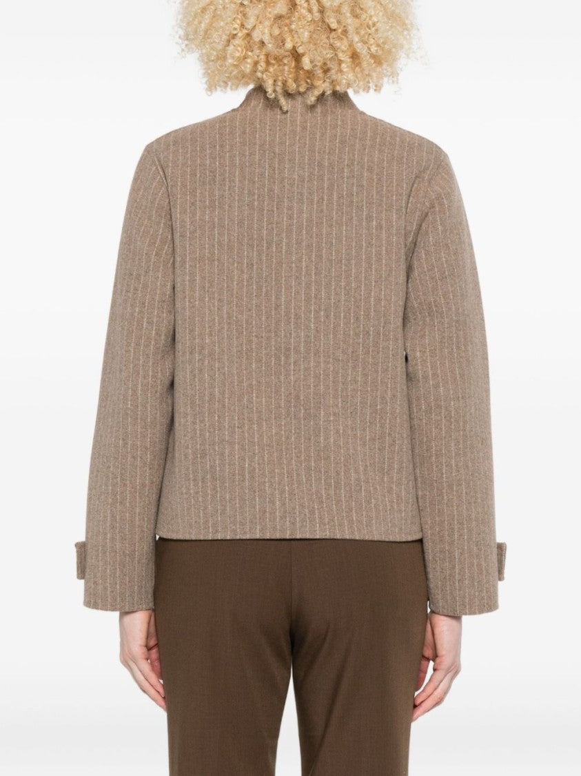 Yerse Cropped Brown Coat With Subtle Pinstripe Pattern