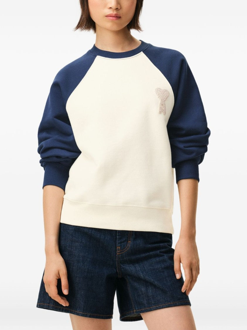 Ami Paris Cream And Blue Two-Tone Knitted Crew Neck Sweater