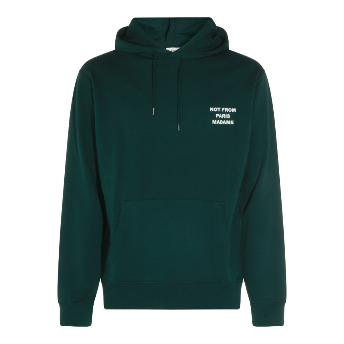 Drôle De Monsieur Deep Green Pullover Hoodie With Bold Text Design