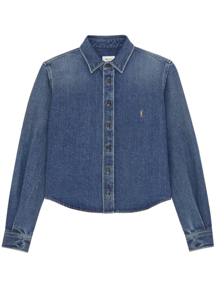 Saint Laurent Cropped Denim Classic-Collar Shirt