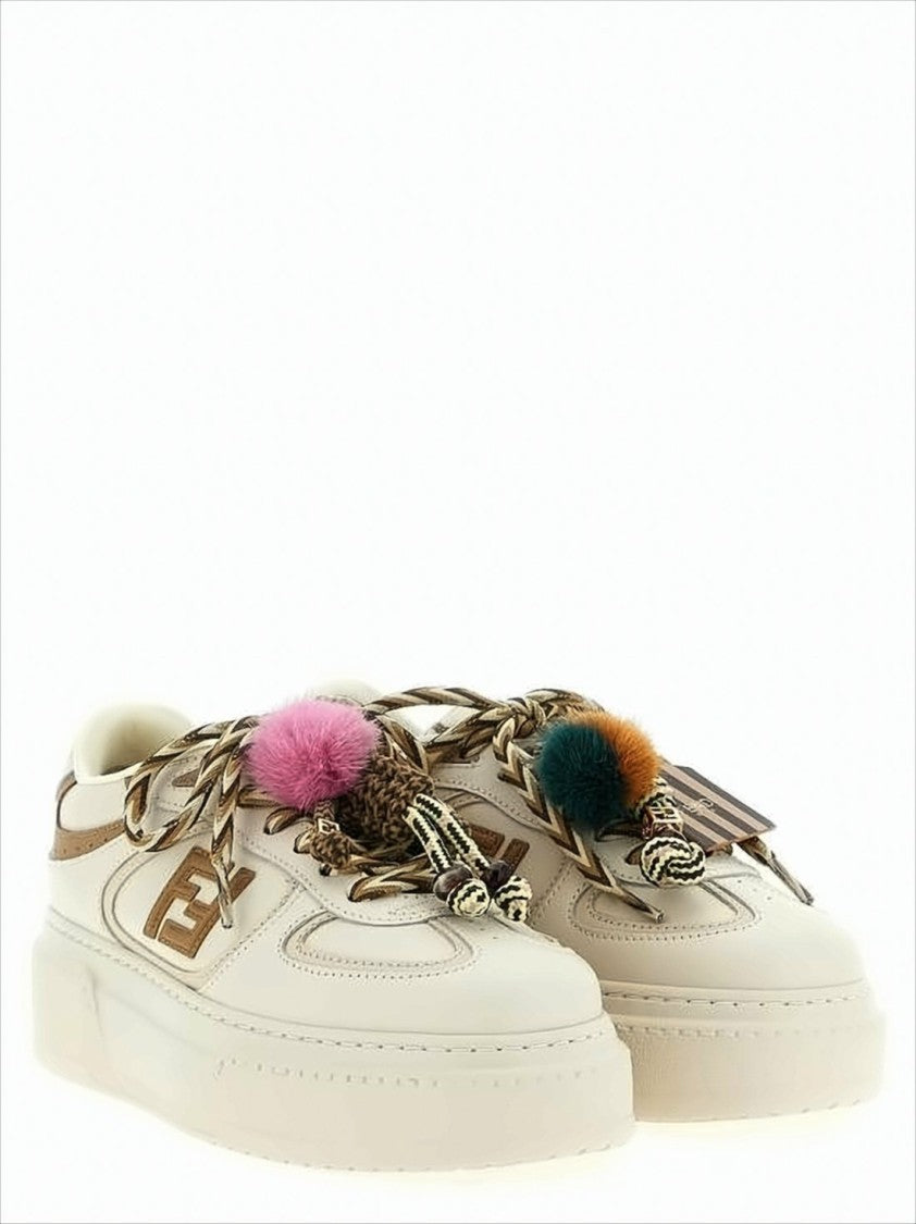 Fendi Creamy Leather Sneakers With Colorful Pom-Poms