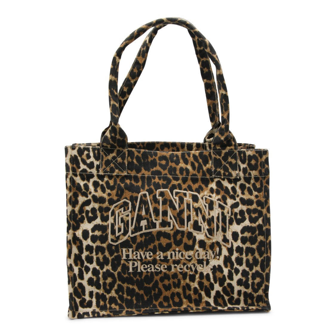 Ganni Leopard Print Cotton Tote Bag With Sturdy Handles