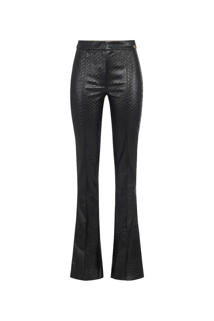 Elisabetta Franchi Black Polyester Snakeskin-Embossed Flared Trousers