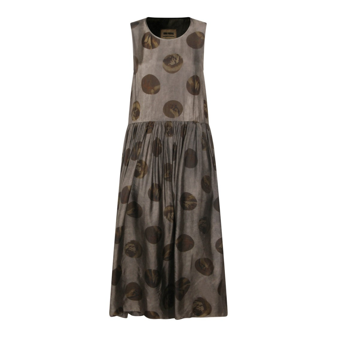 Uma Wang Sleeveless Midi Dress With Gathered Waist And Abstract Motif