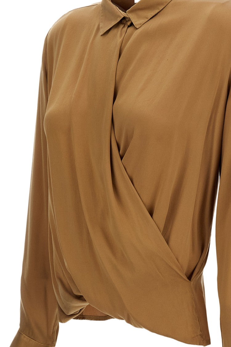 Q-Wins Draped Wrap-Style Long-Sleeved Shirt With Classic Collar