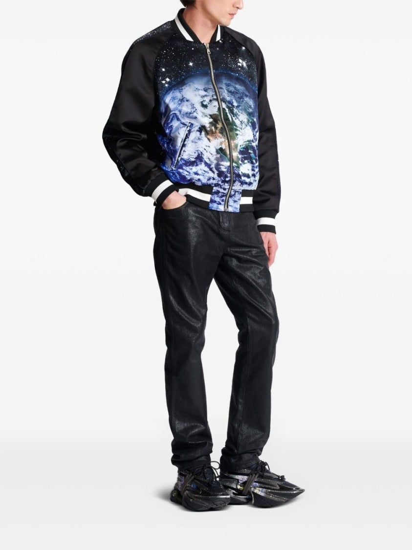 Balmain Black Graphic Earth Print Bomber Jacket