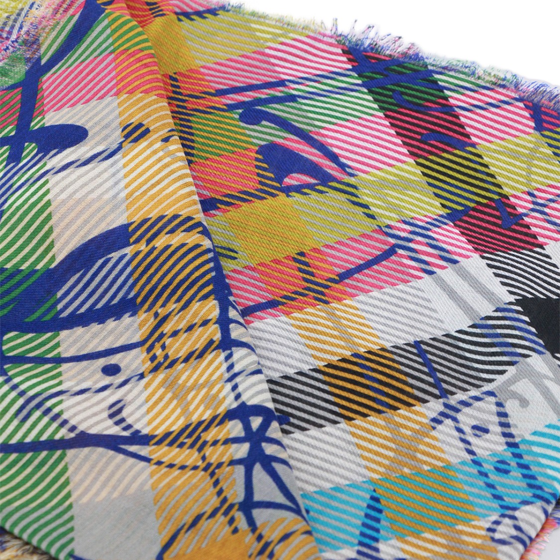 Vivienne Westwood Multicolored Plaid Scarf With Fringed Edges And Navy Graphic Elements