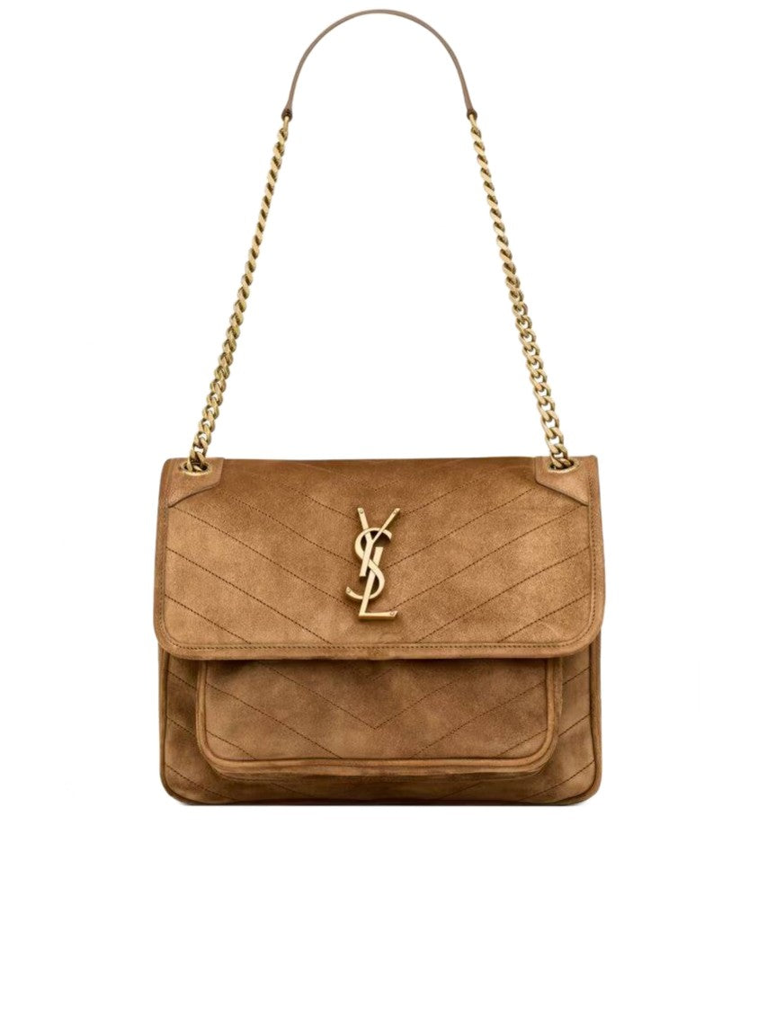 Saint Laurent Niki M Chevron Quilted Suede Shoulder Bag