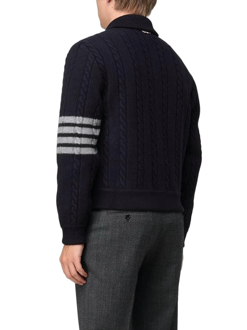 Thom Browne Navy Blue Cable-Knit Jacket With Button-Up Front