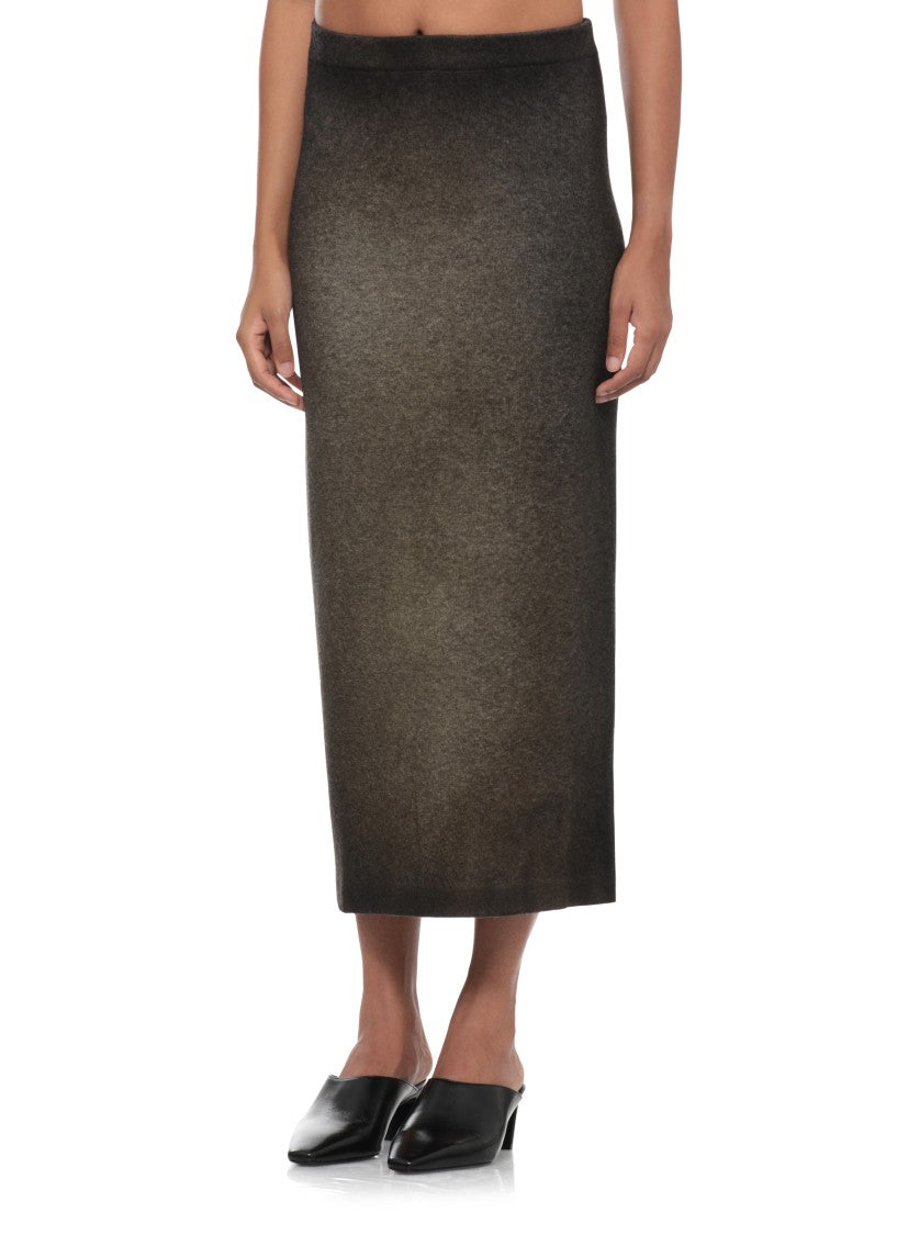 Avant Toi Green Melange Midi Skirt With Back Slit And Elastic Waistband