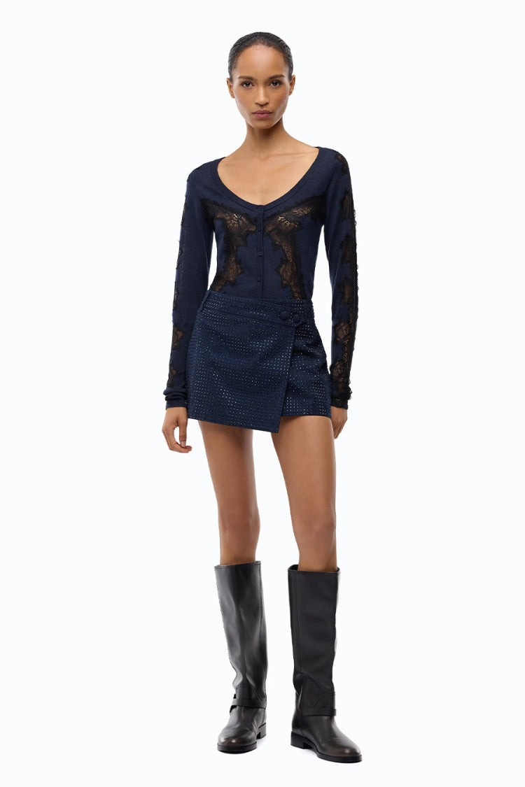 Pinko Navy Polyester-Viscose Blend Crystal-Embellished Wrap Skirt