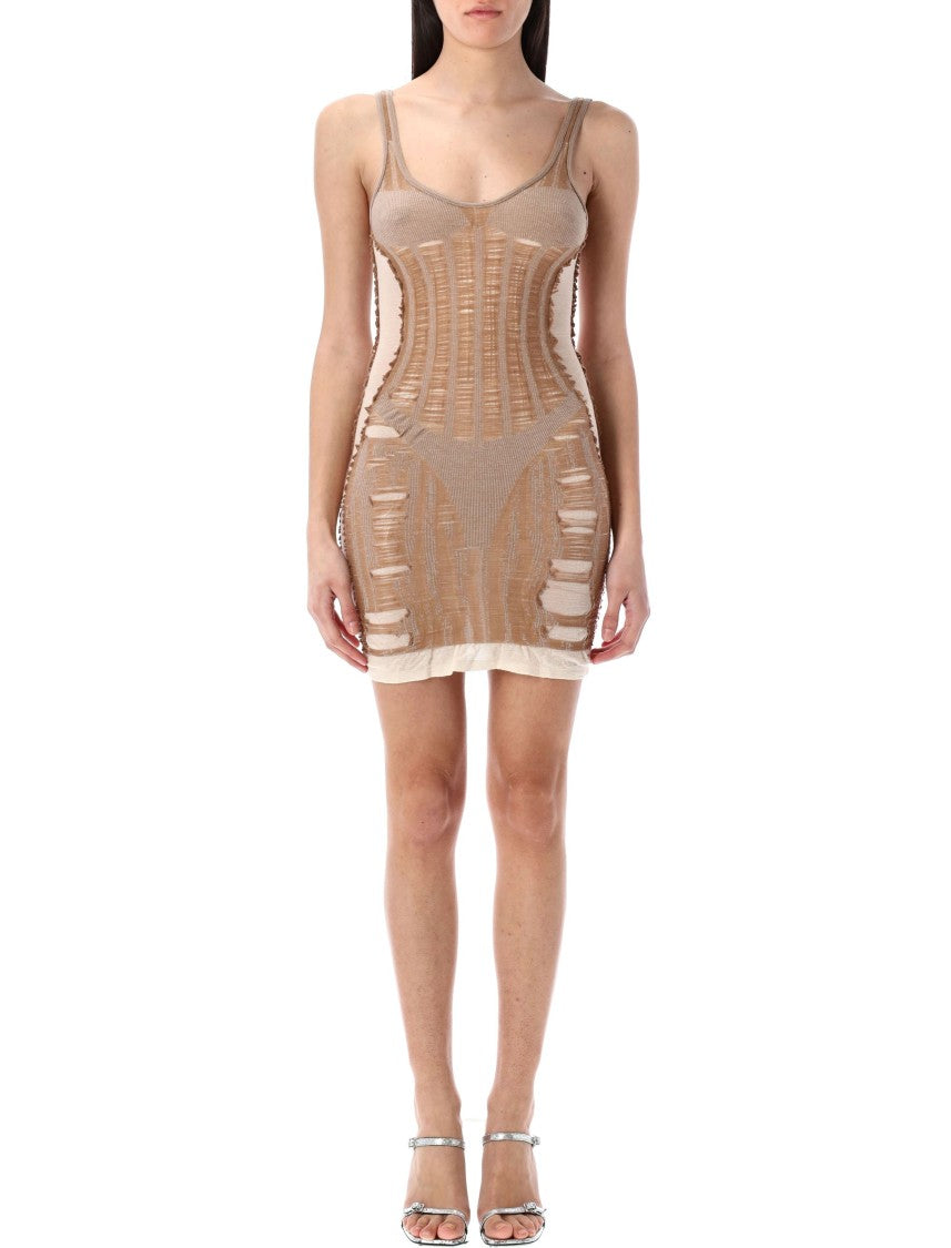 Diesel Beige Mini Dress With Laddered Distressed Effect